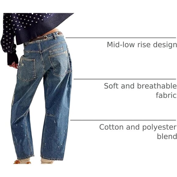 Women Baggy Denim Jeans Low Rise Drawstring Wide Leg Casual Vintage Pants - Picture 4 of 7